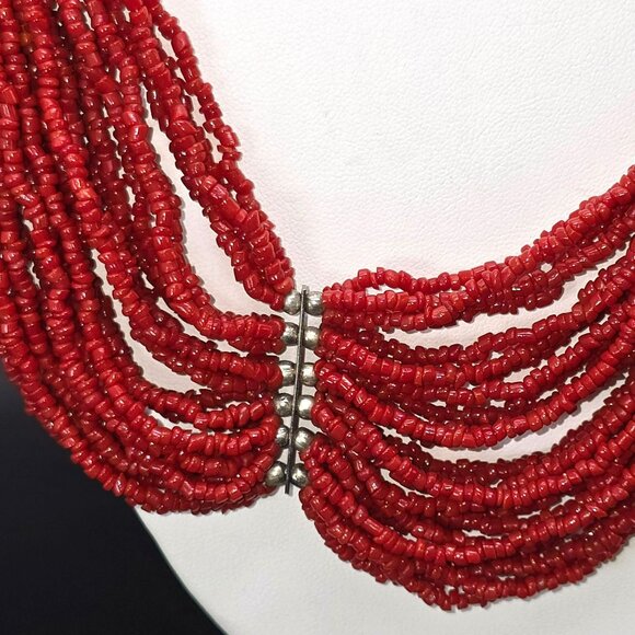 Vintage Red Beaded Multi-Strand Necklace With Silver Accents 20" HS195 - Picture 3 of 7